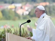 Pope Francis celebrates Mass on the esplanade of the National Shrine in Šaštin, Slovakia, Sept. 15, 2021.